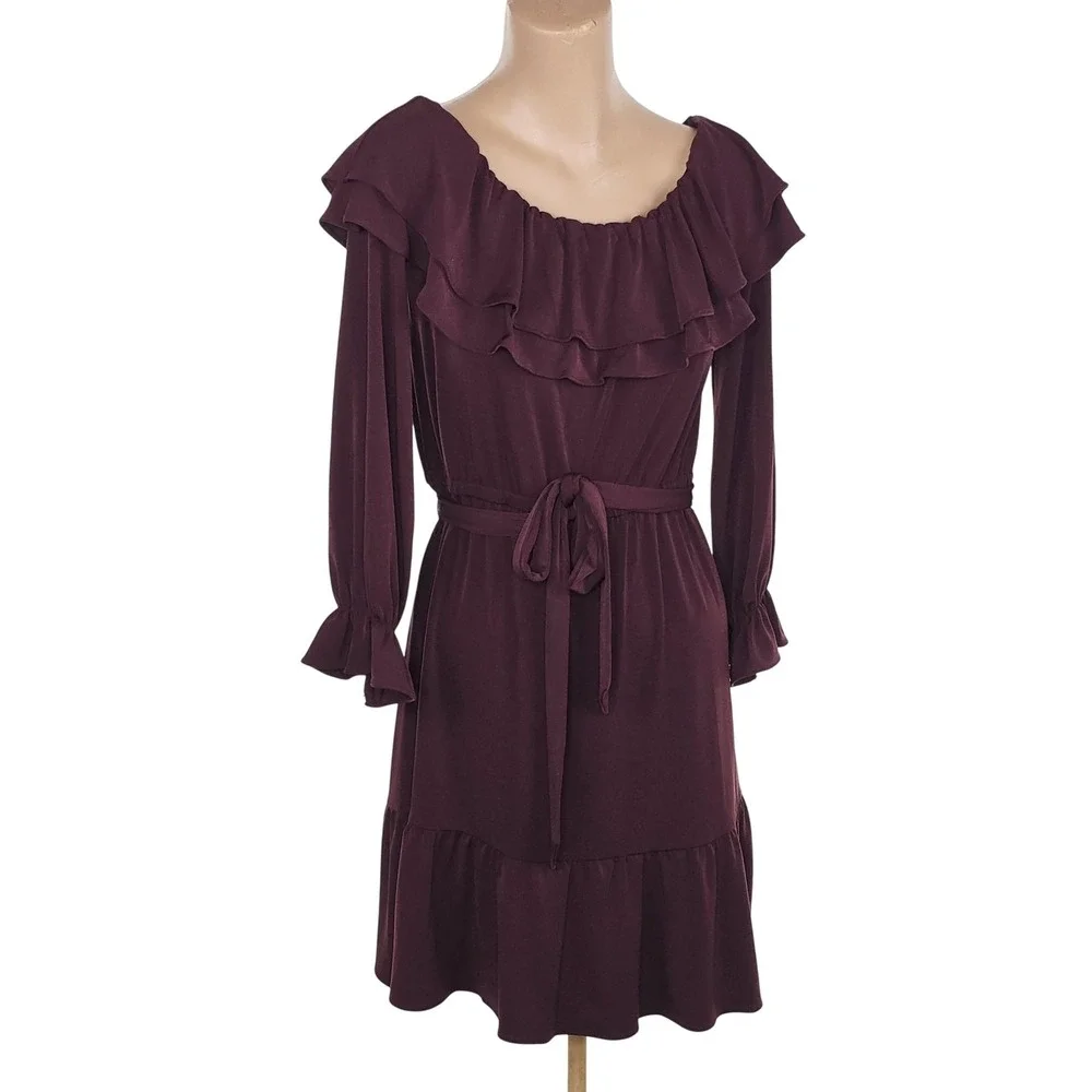 Michael Michael Kors Dress Womens S Burgundy Ruffle Belted Long‎ Sleeve Casual